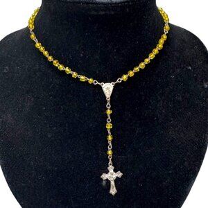 Vintage Italy Rosary Beads Necklace Yellow Glass & Metal Crucifix Religious